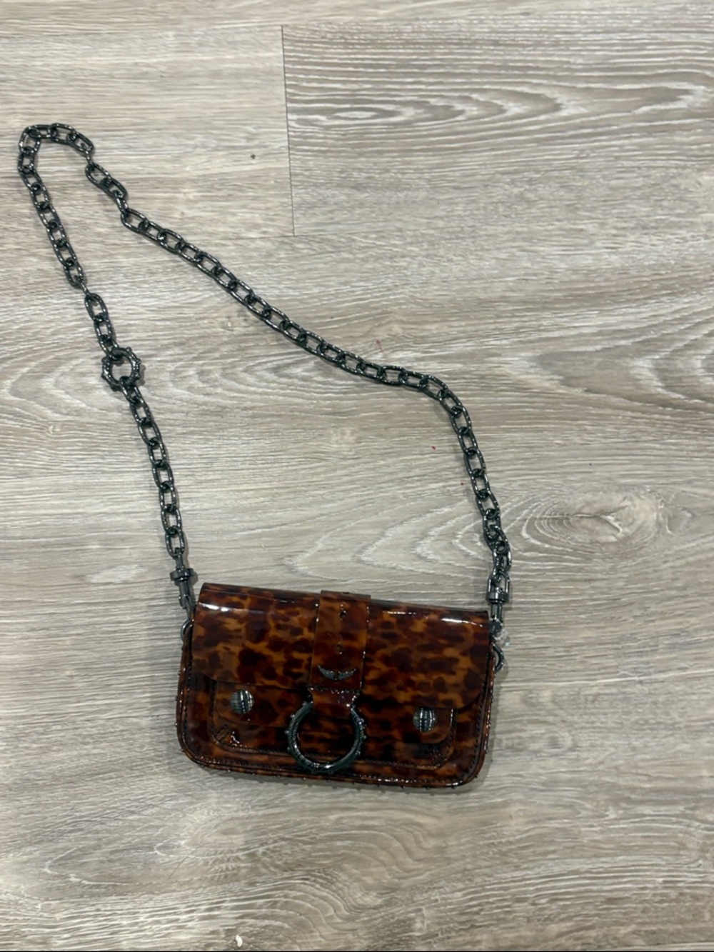 Zadig & Voltaire Kate Animal Print Brown Mini Crossbody with Gunmetal Chain